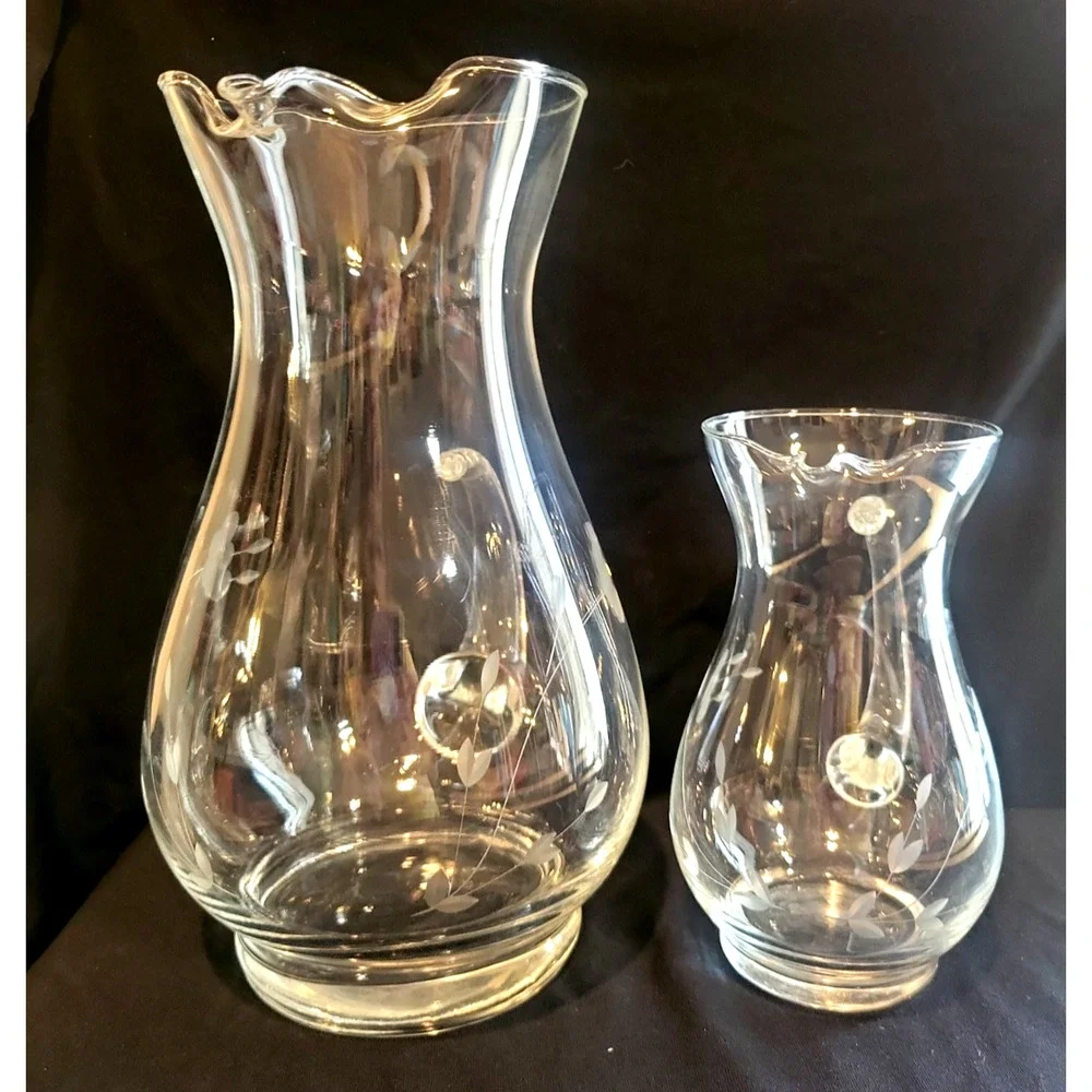 Set of 2 Princess House Heritage Crystal 6 & 10” Pitchers applied handle ice lip